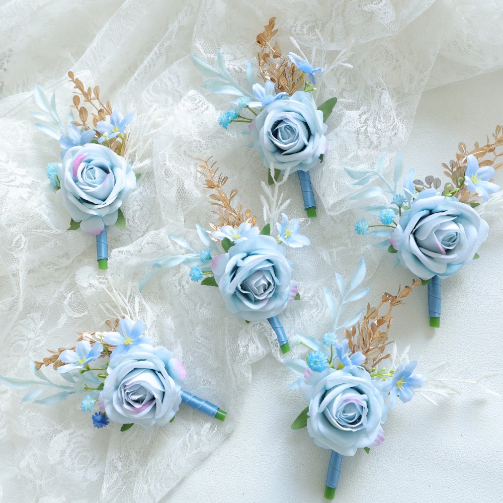 Men'S Grooming For Wedding - Blue Wrist Corsage and Boutonniere Flower